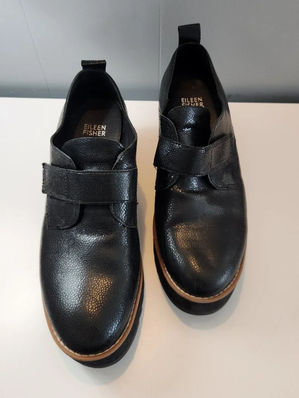 Eileen Fisher Black Leather Platform Slip-On Shoes Loafers - Picture 3 of 11